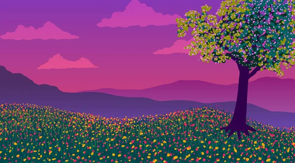 Paisaje primavera. Árbol floreciente y flores en el prado. ilustración vector abstracto . — Vector de stock