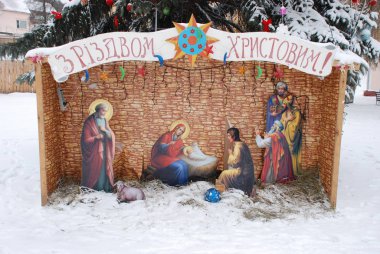 Kremenets Ternopil bölgesinde Noel Doğumu Sahnesi. Aralık 2019