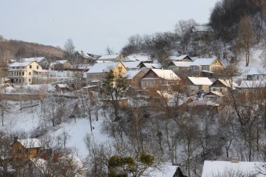 Karpatlar, orman, genel görünümü, evler, dağ, yamaçları, kar, ağaçlar