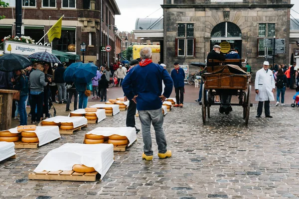 Productores tradicionales en el mercado del queso Gouda un día lluvioso —  Fotos de Stock