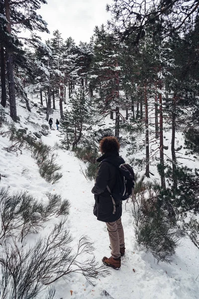 Woman standing in snowed mountain — Stock Photo, Image