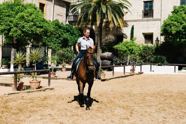 Lovaglási lehetőség a történelmi Ro barna andalúz nő lovas — Stock Fotó