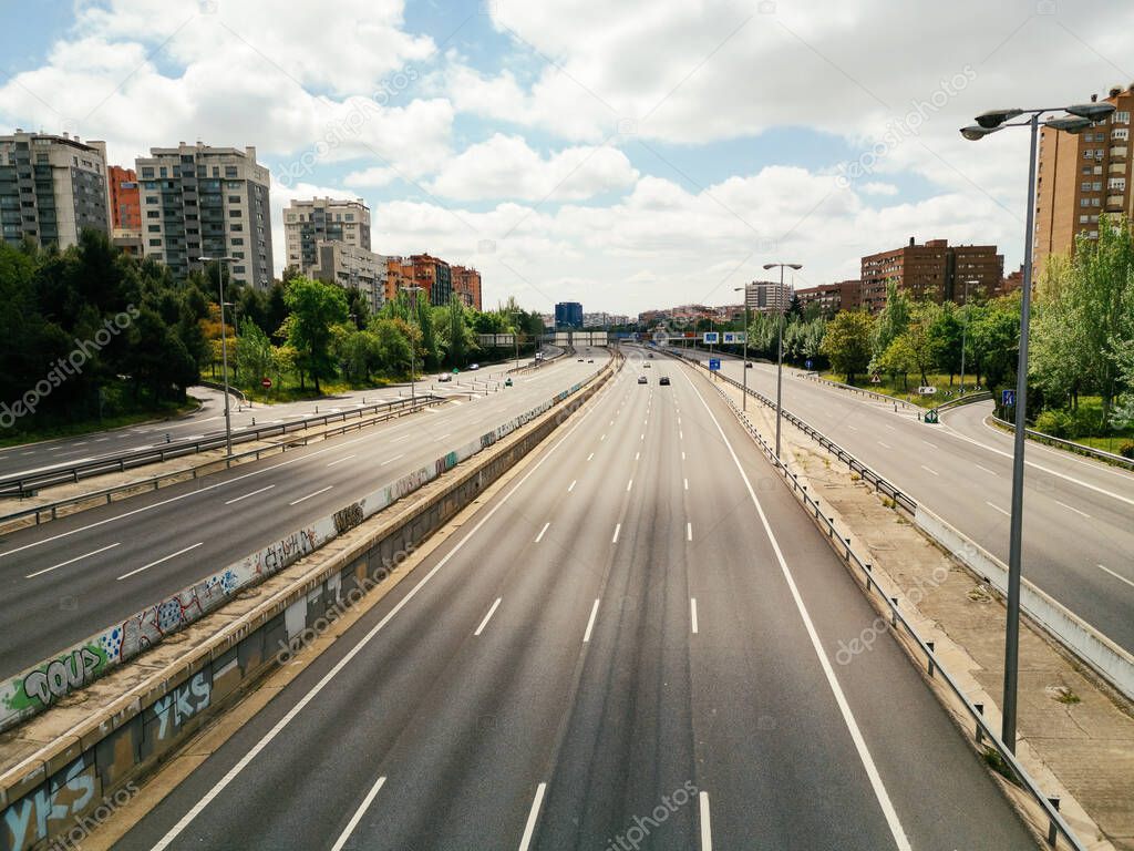 Empty M30 Highway in Madrid during COVID-19 pandemic outbreak and quarantine