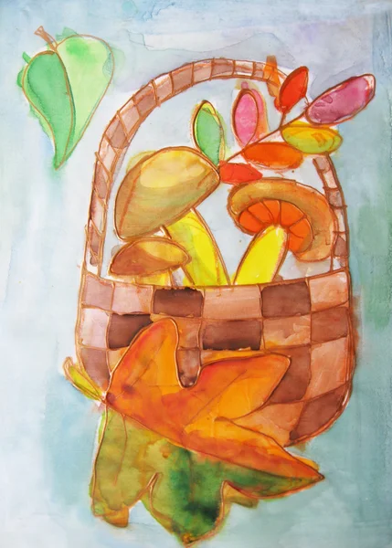 Wicker basket with mushrooms- watercolor — Stockfoto