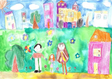 Çocuk çizim'ın mutlu bir aile, Bina, araba