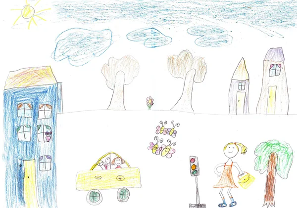Kreslení šťastná dívka, dům, auto. — Stock fotografie