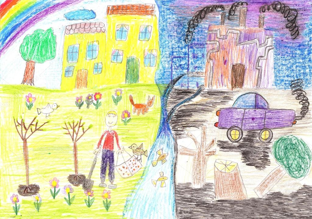 Ecological child's drawing on the theme of environmental polluti