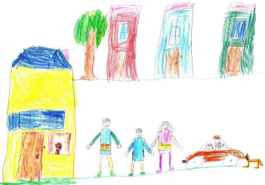 Çocuk bir mutlu aile ve araba çizim