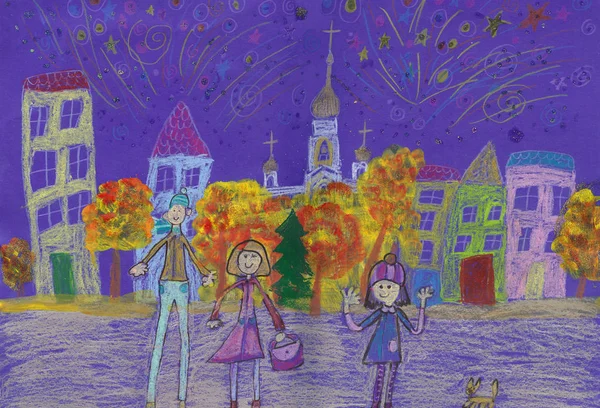 Дети рисуют счастливую семью, смотрящую фейерверк — стоковое фото