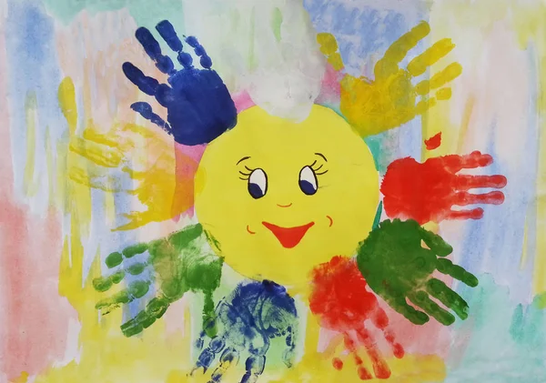 Empreintes de main colorées pour enfants aquarelle autour du soleil — Photo