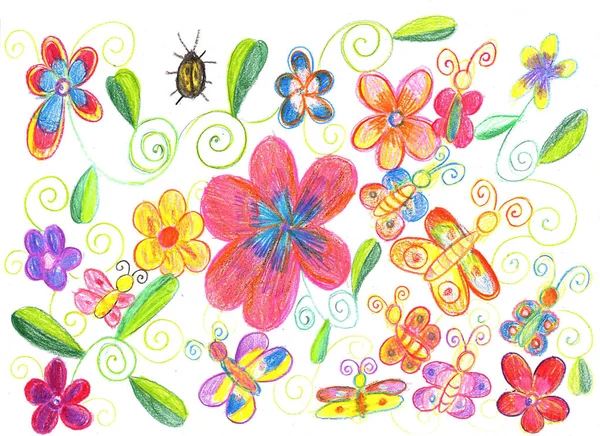 Barn ritning fjäril, nyckelpiga och blommor — Stockfoto