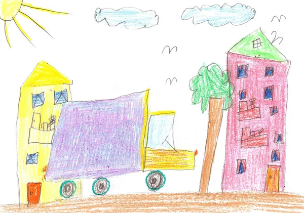 어린이 도면. 자동차, 나무와 집 — 스톡 사진