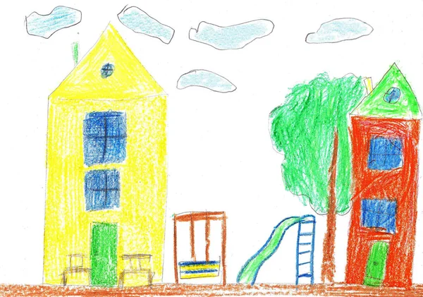 Dibujo de niño. Casa, árboles y banco —  Fotos de Stock