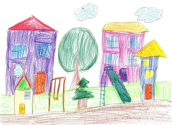 Dibujo de niño. Casa, árboles y banco — Foto de Stock