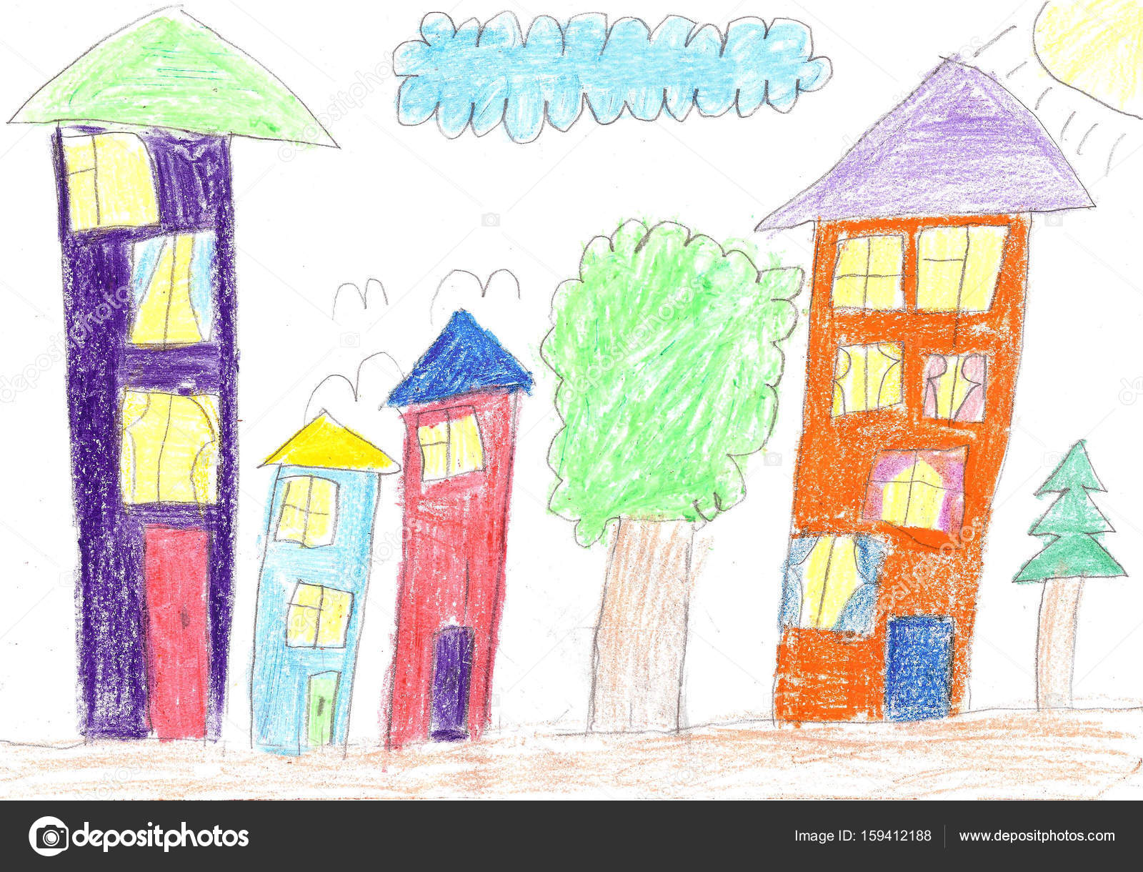 Child S Drawing House Trees And Bench Stock Photo
