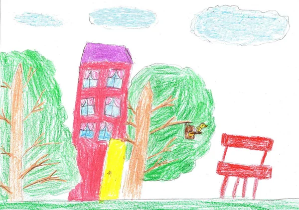 Tekening van het kind. Huis, bomen en Bank — Stockfoto