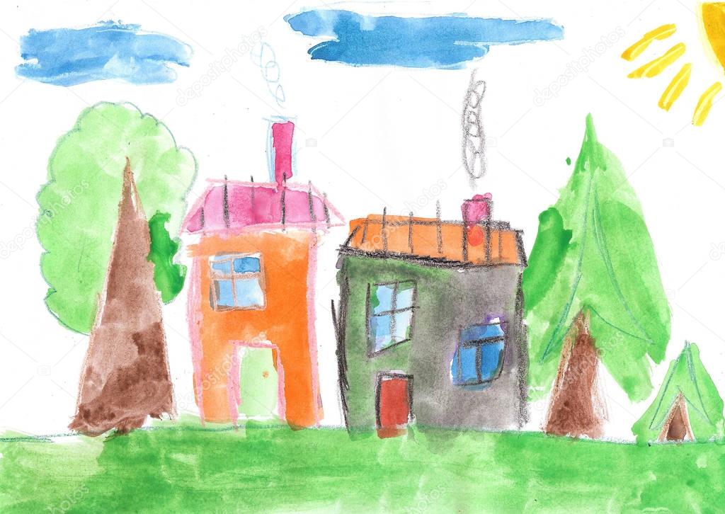 Child's drawing. Country house and trees