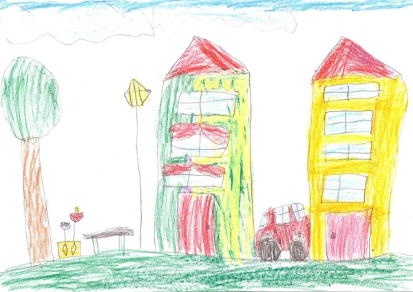 Tekening van het kind. Auto, boom en huis — Stockfoto