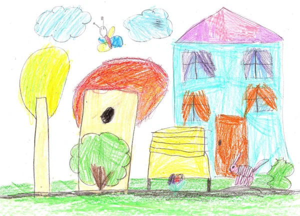 Tekening van het kind. Huis, bomen en Bank — Stockfoto