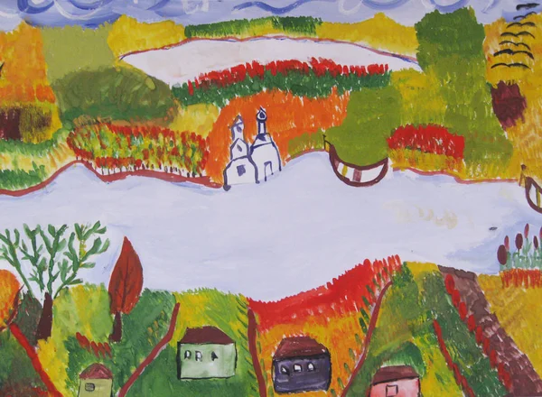 Családi ház a folyónál. Gyermek rajz — Stock Fotó