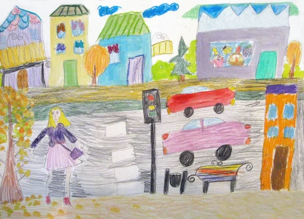 Barnets teckning av den lyckliga familjen på en promenad och bilar. — Stockfoto