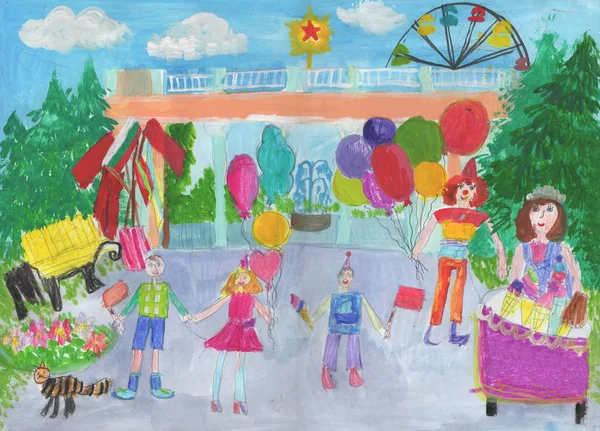 Dessin d'enfant de la famille heureuse sur une promenade et des clowns avec papa — Photo