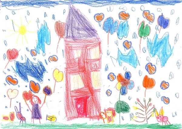 Child's drawing of the happy kid and pets Walking — Stock Photo, Image
