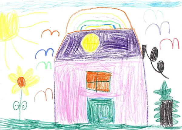 Child drawing of a house, flowers and birds — Stock Photo, Image