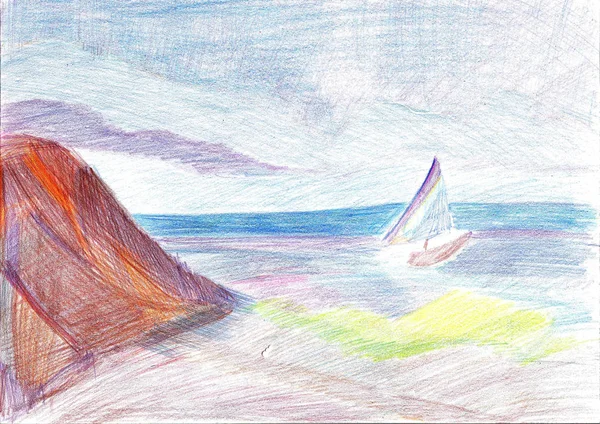 Tekening van een jacht in de zee, een eiland en een wolken — Stockfoto