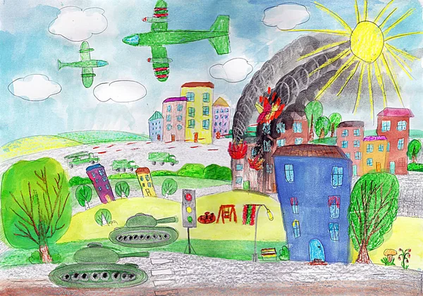 Children's drawing of the battlefield. World peace, no war — Stock Photo, Image