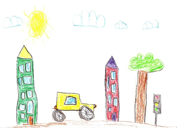 Σχέδιο των κτιρίων και των αυτοκινήτων. Ο δρόμος της πόλης σε παιδικό στυλ. — Φωτογραφία Αρχείου