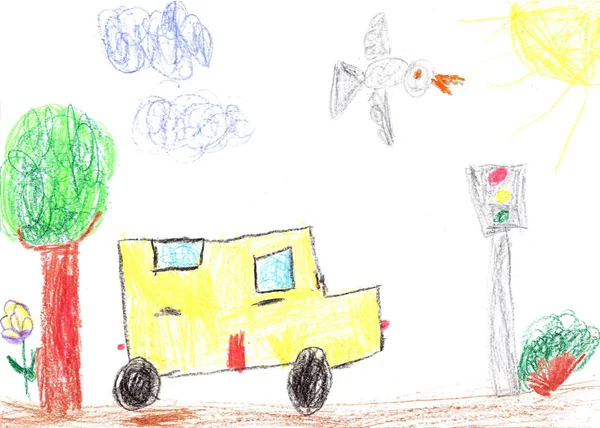 Dibujo de los edificios y coches. Camino de la ciudad en estilo infantil . — Foto de Stock