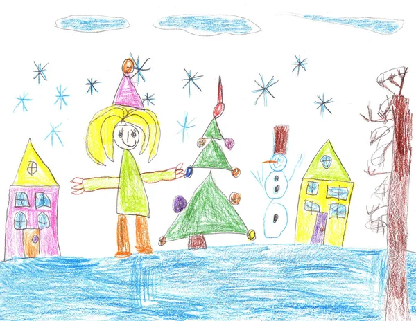 Child's drawing.Children play with snow outside christmas tree.V — Stock Photo, Image