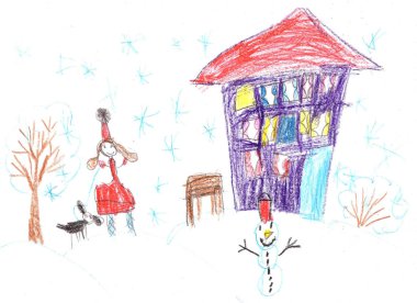 Child's drawing.Children play with snow outside christmas tree.V