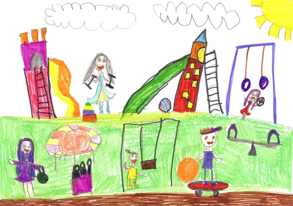 Παιδική Ζωγραφιά Μιας Χαρούμενης Αθλητικής Οικογένειας Παιδιά Διασκεδάζοντας Στην Ύπαιθρο — Φωτογραφία Αρχείου