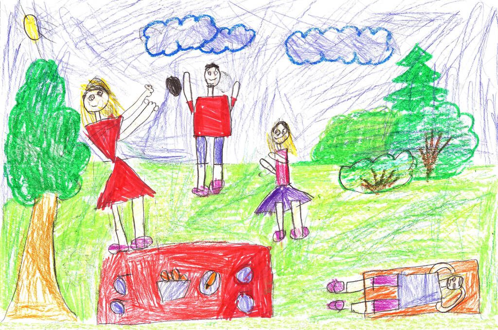 Child drawing of a happy Sports Family with kids,having fun outdoor.Active healthy lifestyle concept.Pencil art in childish style.