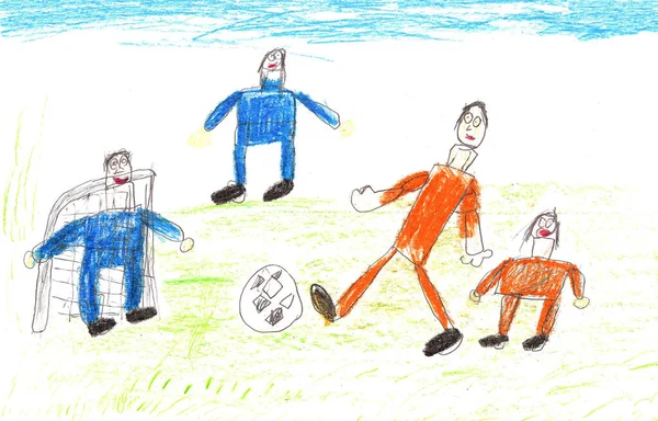 Desenho Infantil Uma Família Esportes Feliz Jogando Futebol Com Kids — Fotografia de Stock