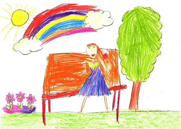 Dibujo Una Chica Feliz Paseo Aire Libre Una Joven Sentada —  Fotos de Stock