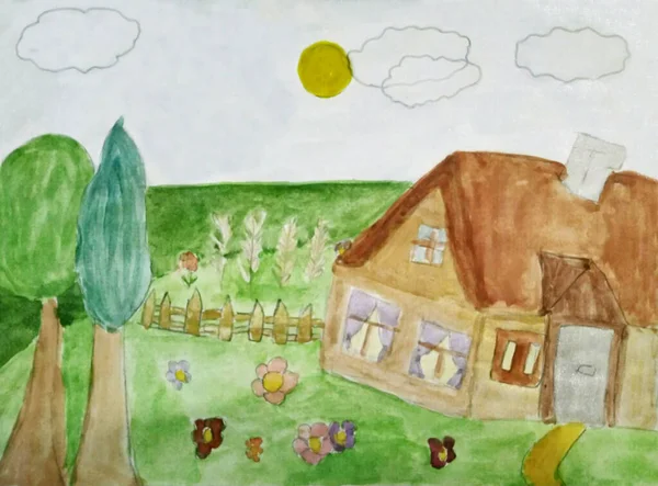 Детский Рисунок Загородного Дома Карандашное Искусство Детском Стиле — стоковое фото