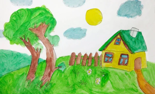 Gyerek Rajz Egy Vidéki Házról Ceruza Művészet Gyerekes Stílusban — Stock Fotó