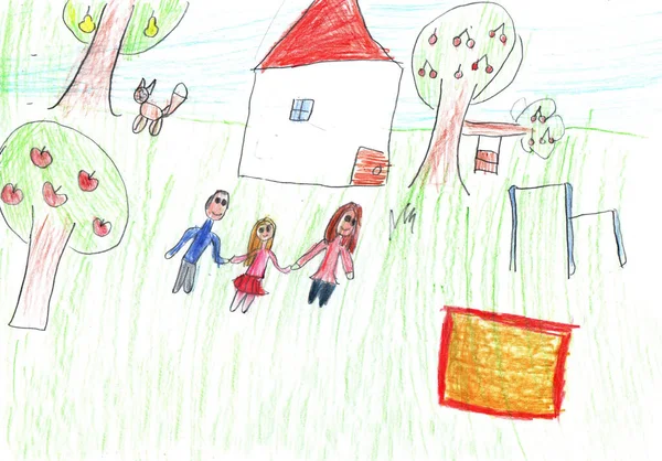 Dziecko Rysunek Szczęśliwy Rodzina Spacer Świeżym Powietrzu Ołówek Artystyczny Stylu — Zdjęcie stockowe