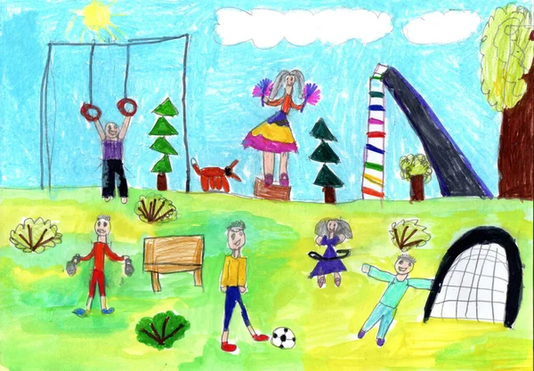 Child Drawing Happy Sports Family Kids Having Fun Outdoor Active — Stock Photo, Image