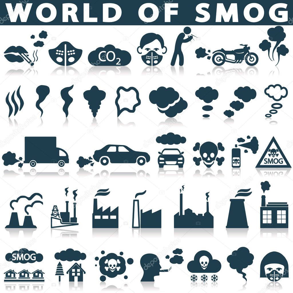 Smog, pollution icons set