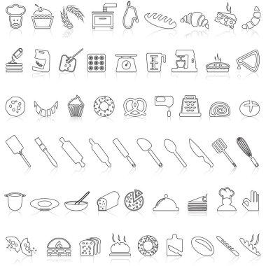 Pastane İşareti Siyah İnce Çizgili Simge Seti Pasta, Ekmek, Tatlı ve Kek İçerir.