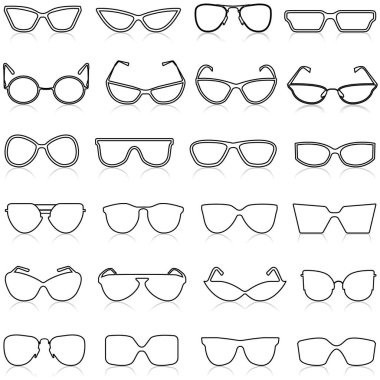 Gözlük silueti. Güneş gözlüğü hippi çerçeve seti, siyah plastik jantlar, inek tarzı yuvarlak inek gözlükleri..