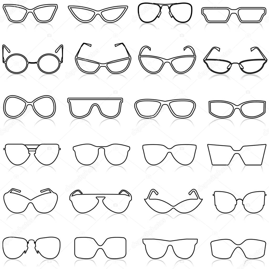 Glasses silhouette. Sun glasses hipster frame set, fashion black plastic rims, round geek style retro nerd glasses.