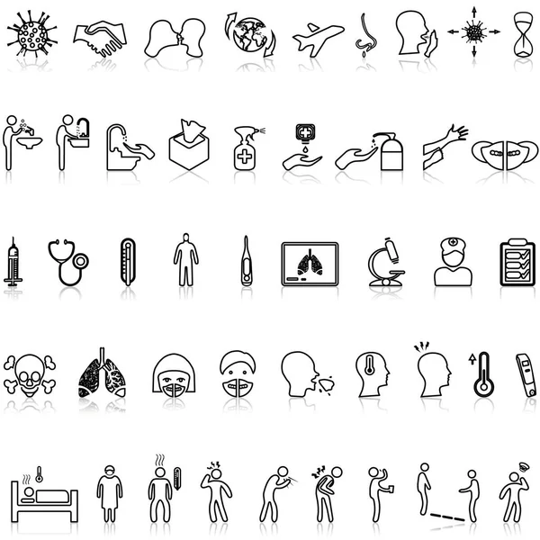 Corona virüs çizgisi simgeleri. Tıbbi maske, el yıkama hijyen, koruyucu gözlükler.. 