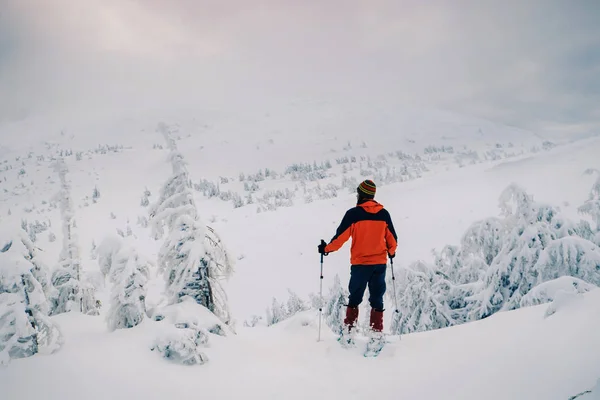 Turista disfrutando de hermoso paisaje en invierno montaña — Foto de Stock
