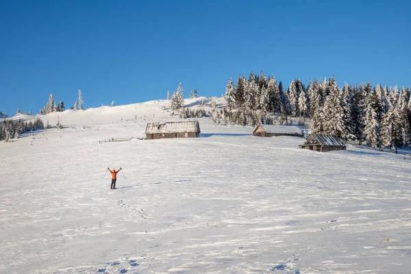 旅游享受美丽的风景，在冬天山 — 图库照片