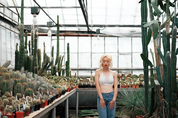 Beautiful blonde woman posing in tropical botanical garden — Stock Photo, Image